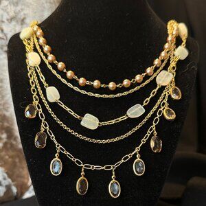 Talbots Multi-Strand Gold Tone Chain Necklace Pearls Faceted Gemstones Seaglass